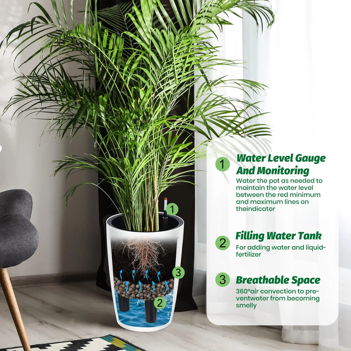 HiMISS Self Watering Planters Set With Water Level Indicator
