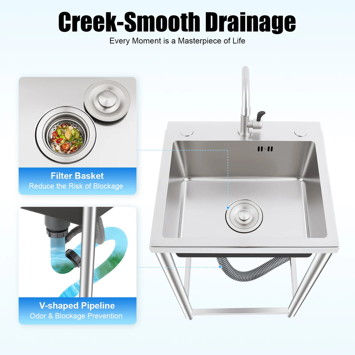 Commercial Stainless Steel Freestanding Utility Sink With Faucet For Kitchen