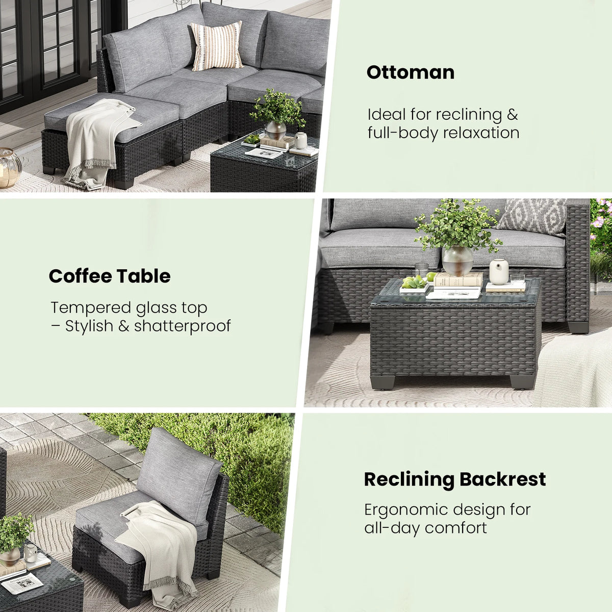 Soohow Patio Sectional Sofa Set With Ottoman Furniture Stain Resistant