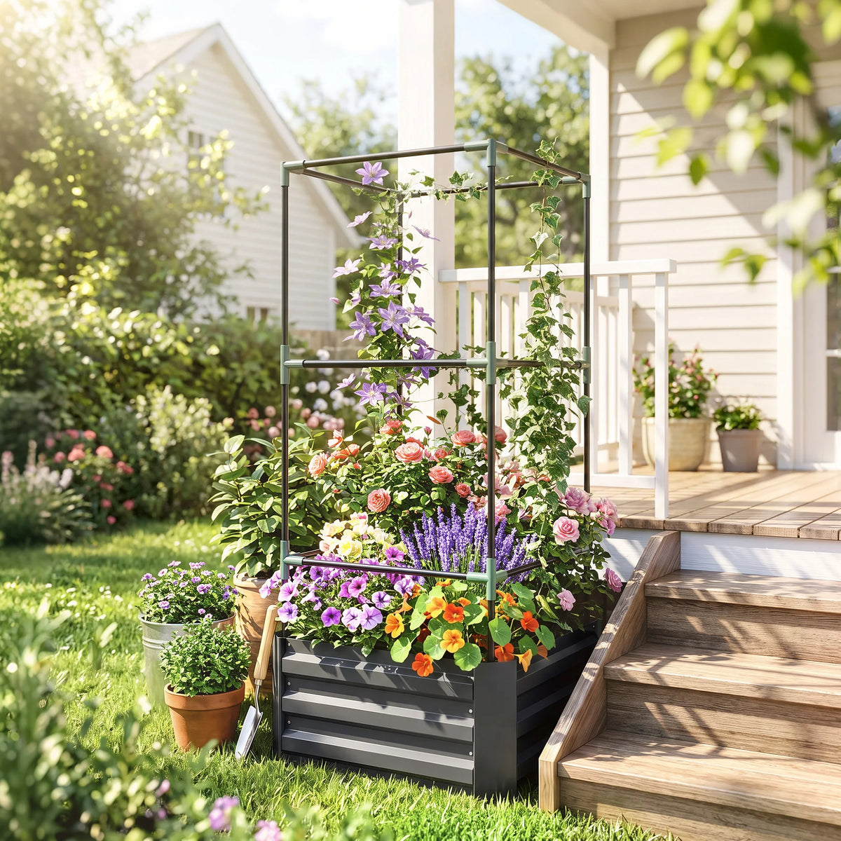 Outsunny Galvanized Raised Garden Bed with Tomato Cage and Ventilation