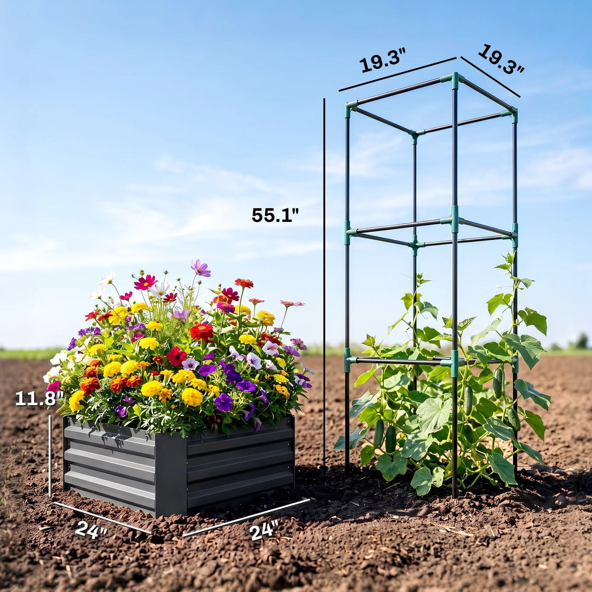 Outsunny Galvanized Raised Garden Bed with Tomato Cage and Ventilation