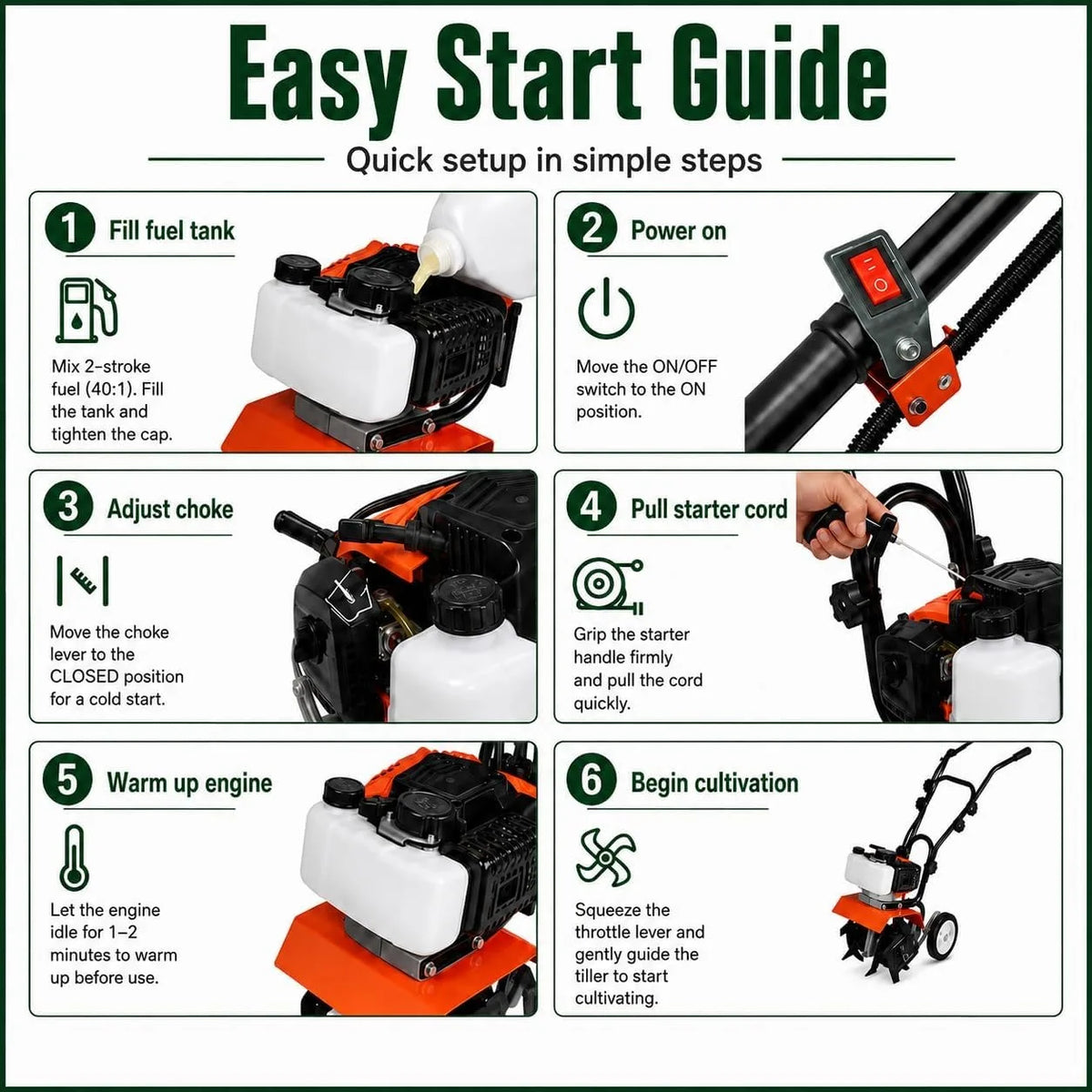 Gas Powered Tiller Cultivator With Adjustable Steel Tines