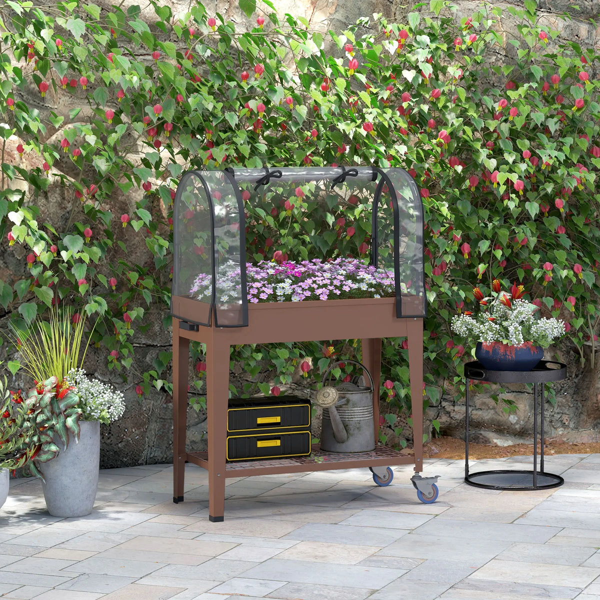 Outsunny Mobile Raised Garden Bed With Greenhouse Cover And Shelf