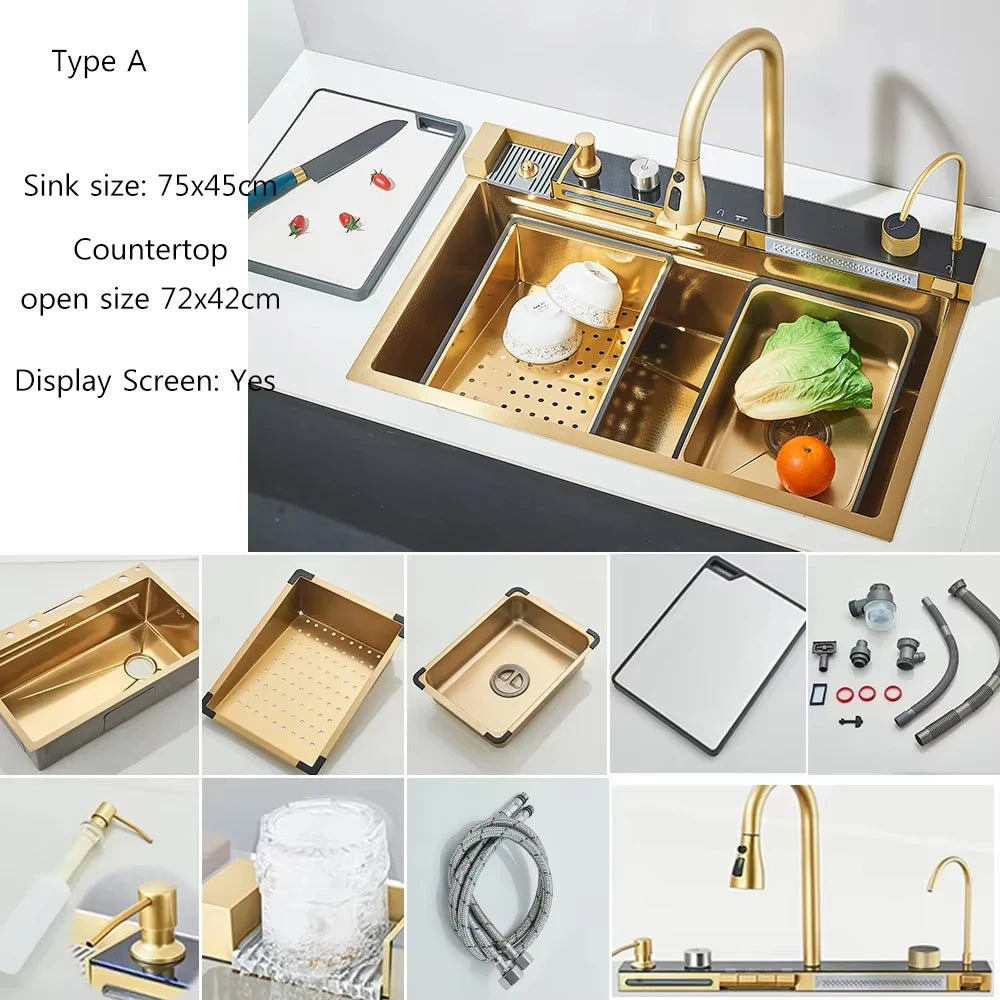 Stainless Steel Waterfall Kitchen Sink With Digital Faucet Set