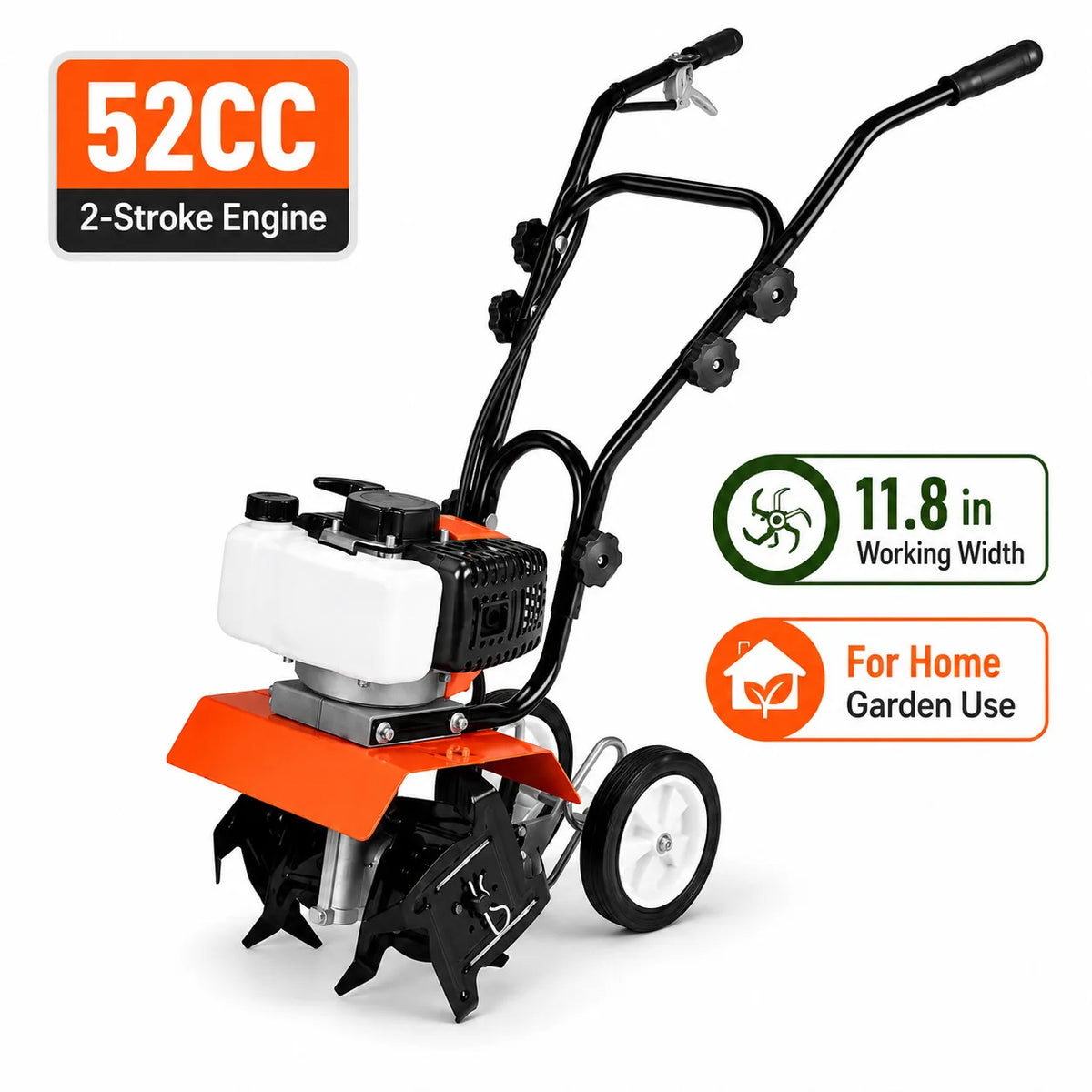 Gas Powered Tiller Cultivator With Adjustable Steel Tines