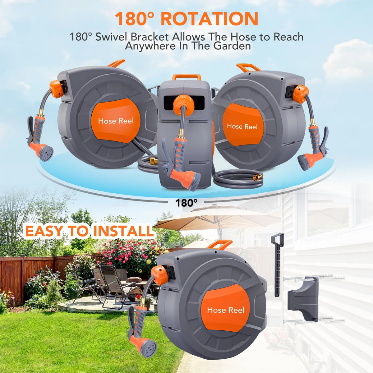 HiMISS Retractable Garden Hose Reel With Automatic Rewind And Nozzle