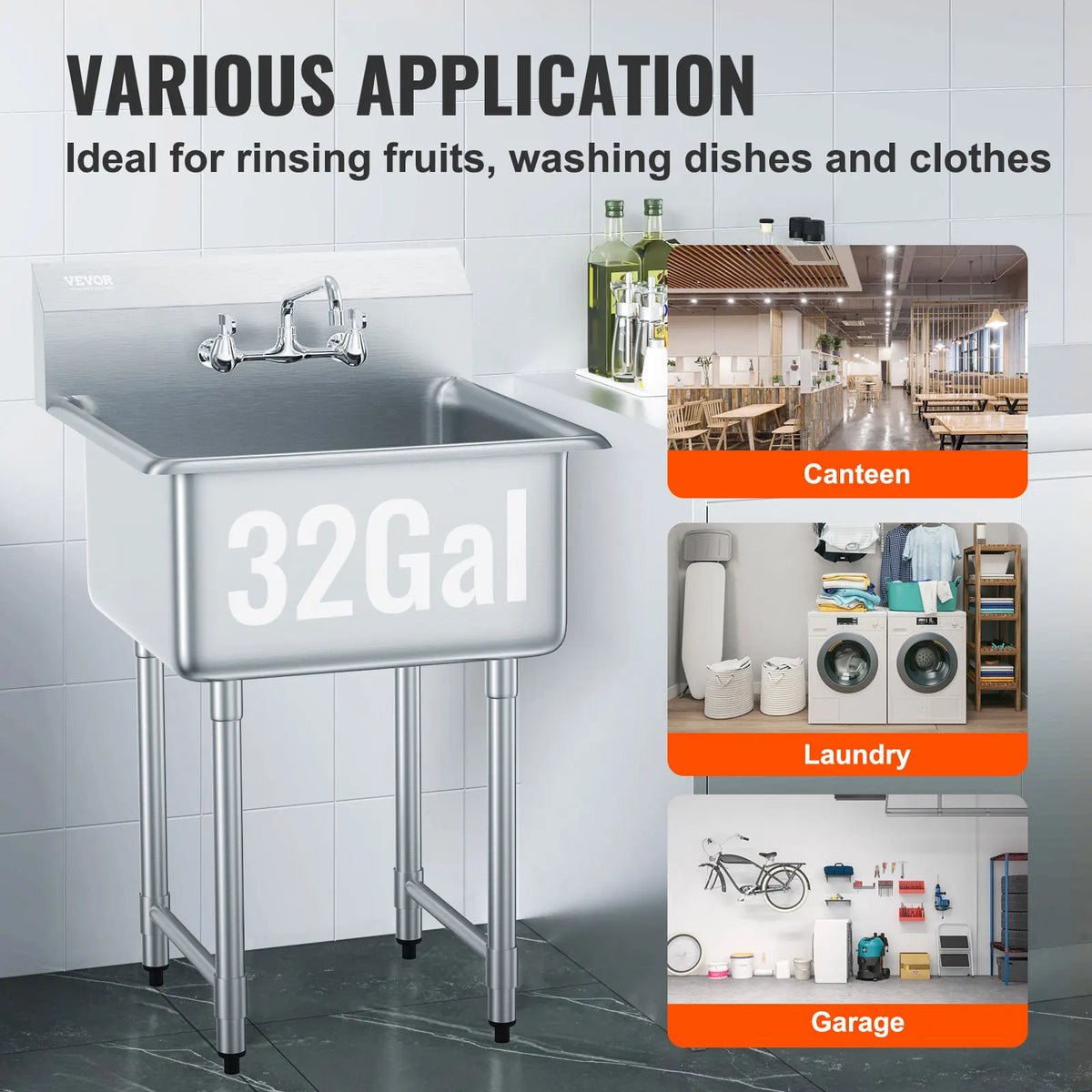 Stainless Steel Commercial Sink Single Bowl with Faucet Kitchen Utility
