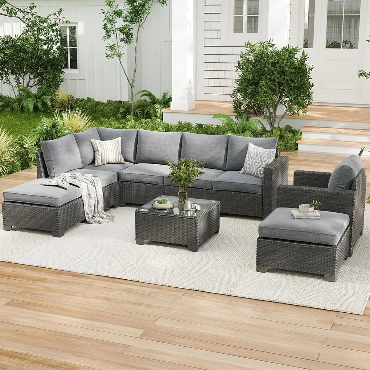 Soohow Patio Sectional Sofa Set With Ottoman Furniture Stain Resistant