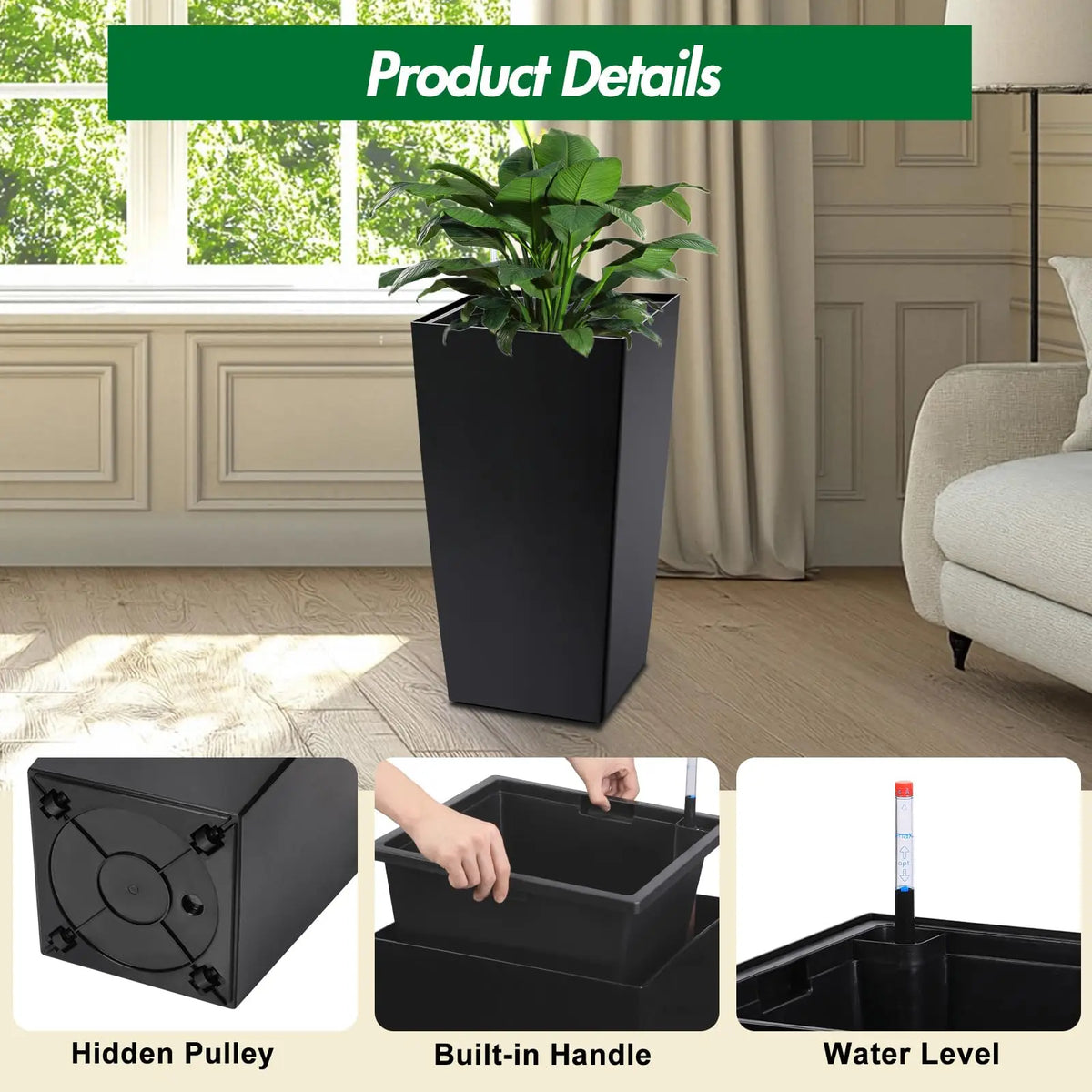 HiMISS Self Watering Tall Planters With Drainage And Water Monitor
