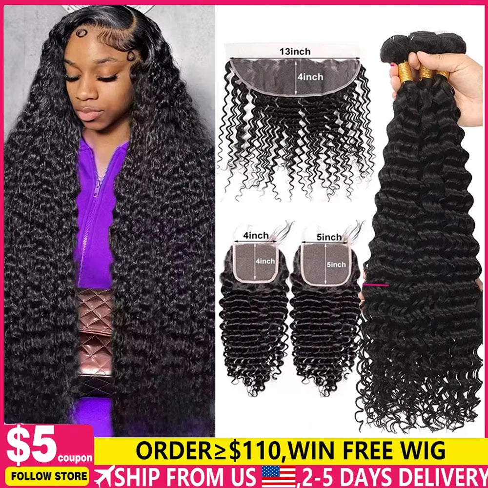 Missblue Burmese Deep Wave Hair Bundles With HD Lace Closure
