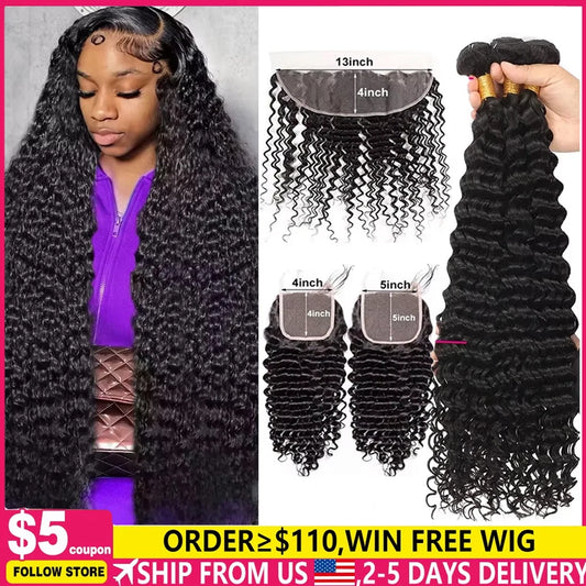 Missblue Burmese Deep Wave Hair Bundles With HD Lace Closure