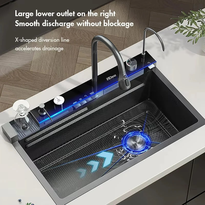 Stainless Steel Waterfall Kitchen Sink With Digital Faucet Set