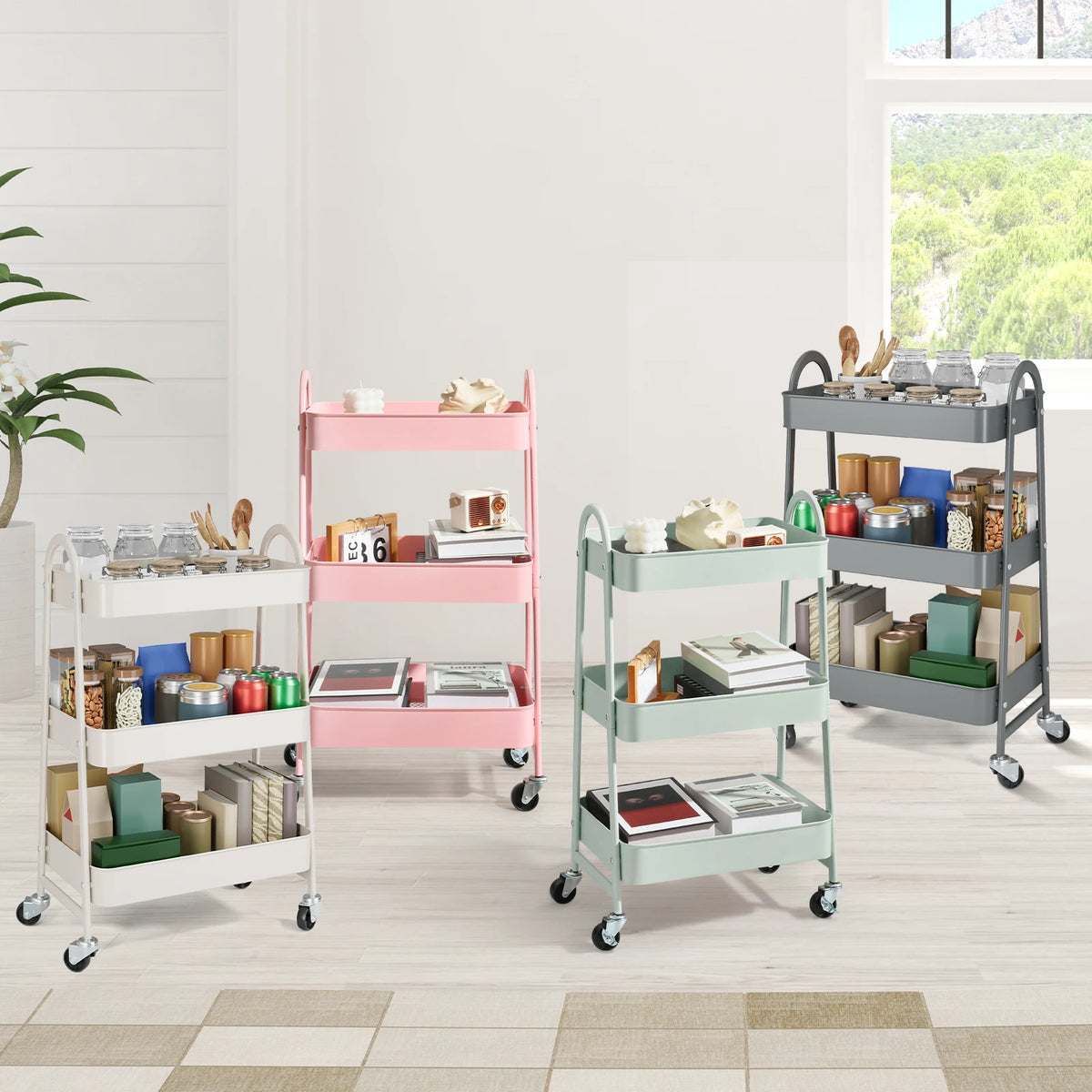 JHK 3 Tier Metal Storage Cart With Lockable Wheels Mobile