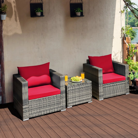 HOMASIS 3 Piece Patio Rattan Bistro Set With Cushioned Sofa Chairs Table