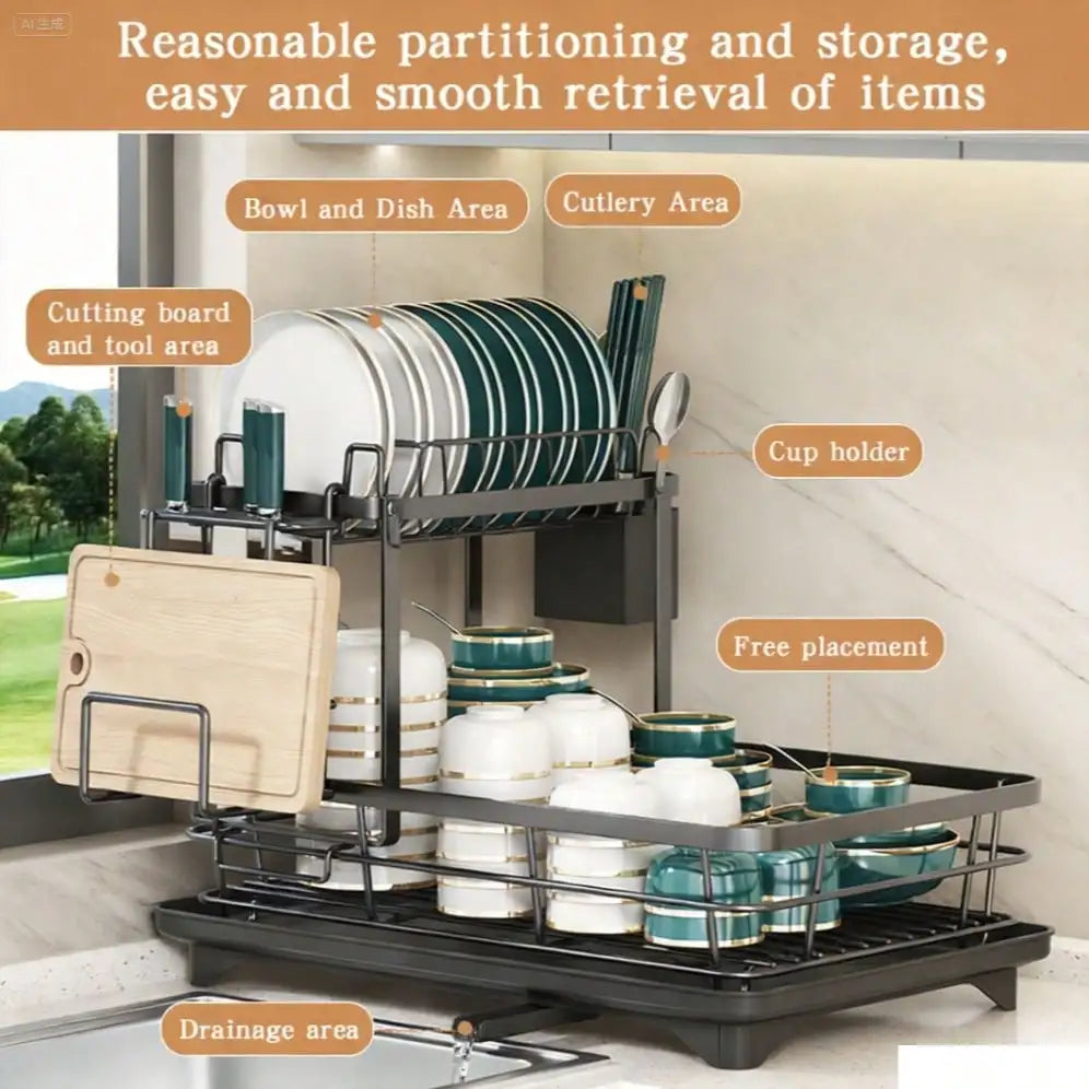 Carbon Steel Double Layer Cutlery Rack Kitchen Drainer Utensil Holder