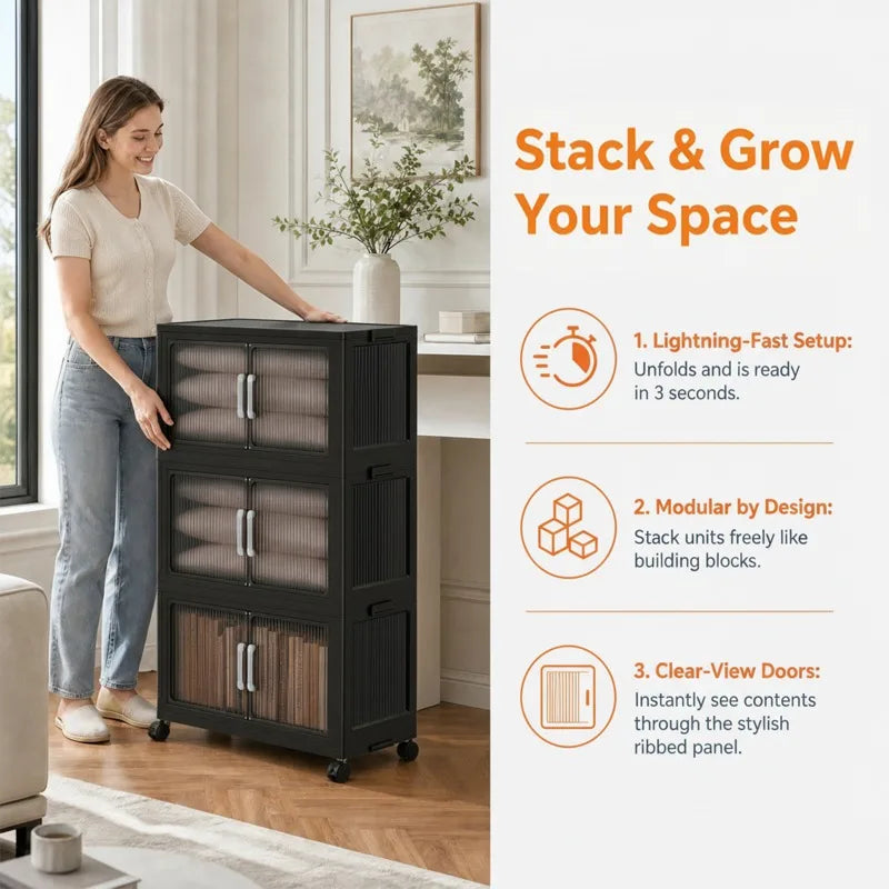 Foldable Plastic Storage Cabinet with Wheels and Double Doors
