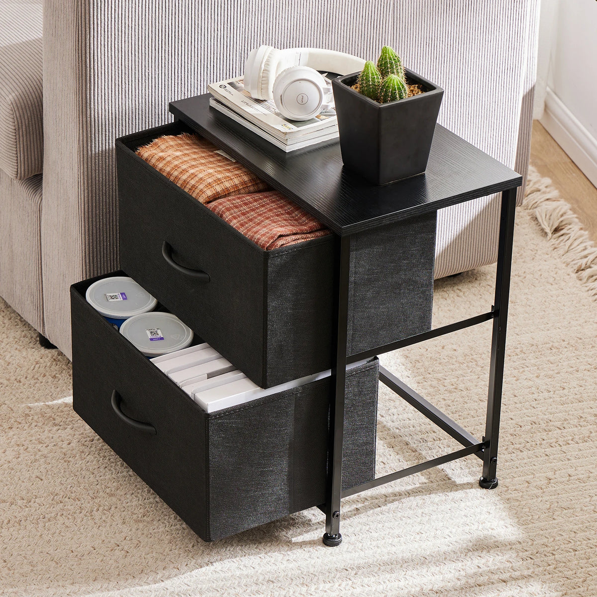 JHK Nightstand Bedside Table With Fabric Drawers