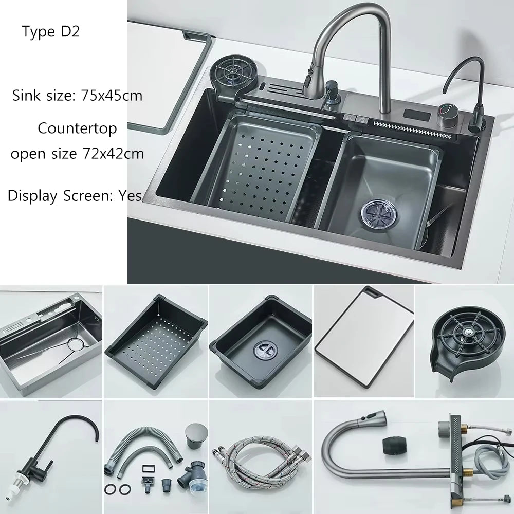 Stainless Steel Waterfall Kitchen Sink With Digital Faucet Set