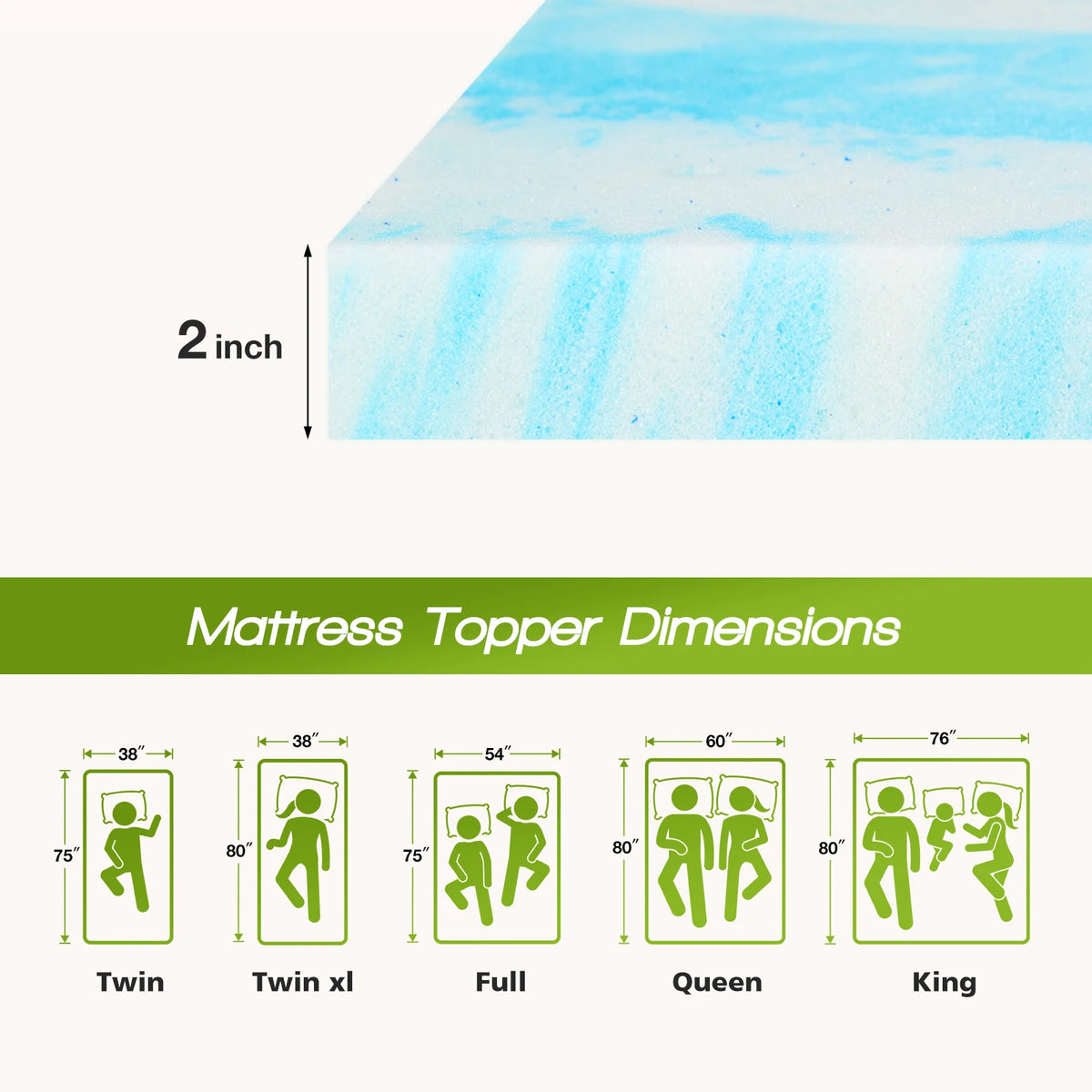 JHK Gel Memory Foam Mattress Topper For Enhanced Sleep Comfort