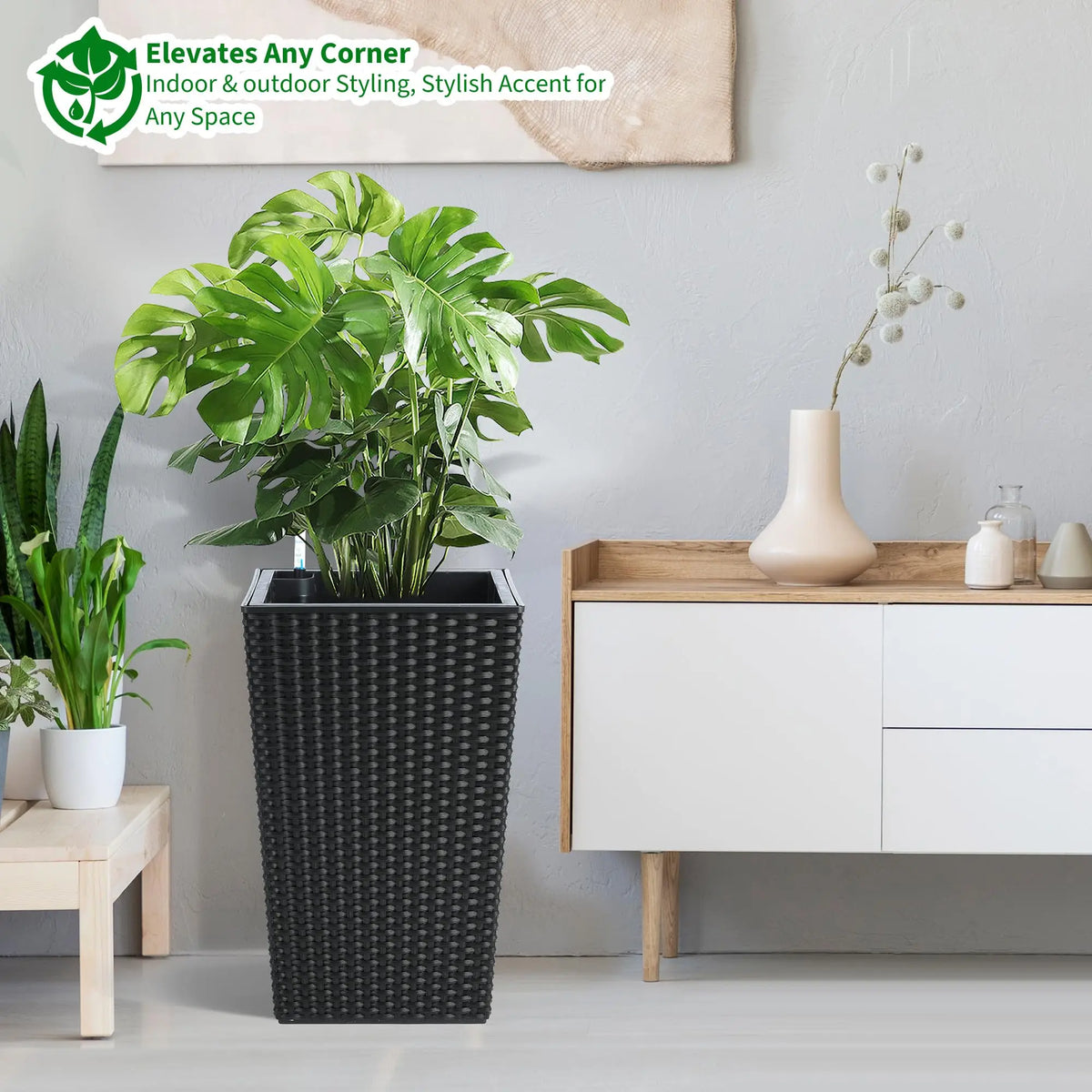 HImiss Self Watering Rattan Tall Planters For Outdoor And Indoor