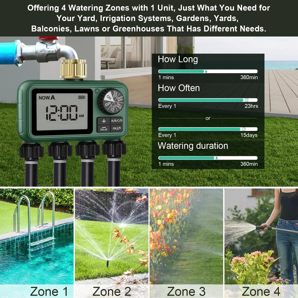 Automatic 4 Zone Programmable Garden Sprinkler Timer For Irrigation