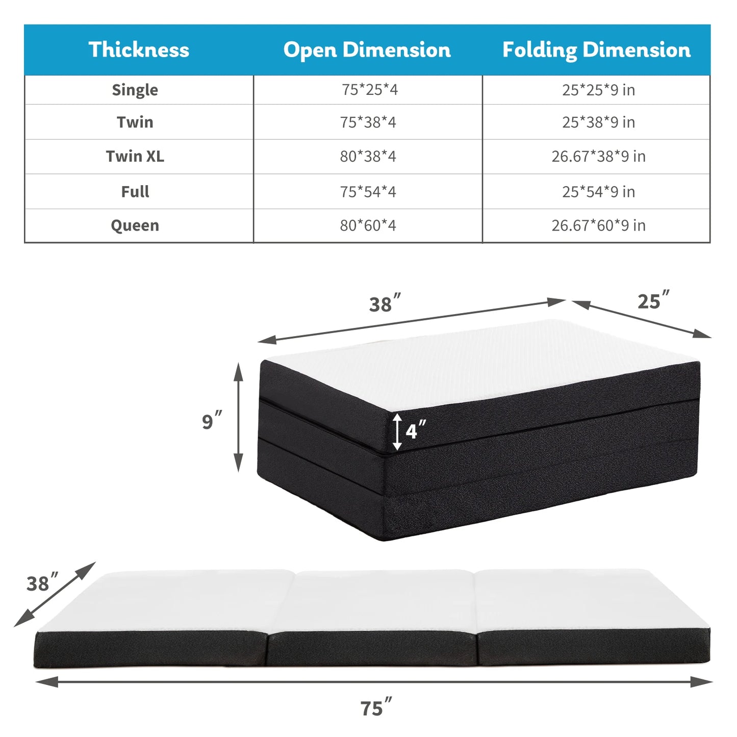 Jhk Tri-Fold Memory Foam Mattress With Washable Cover And Travel Design