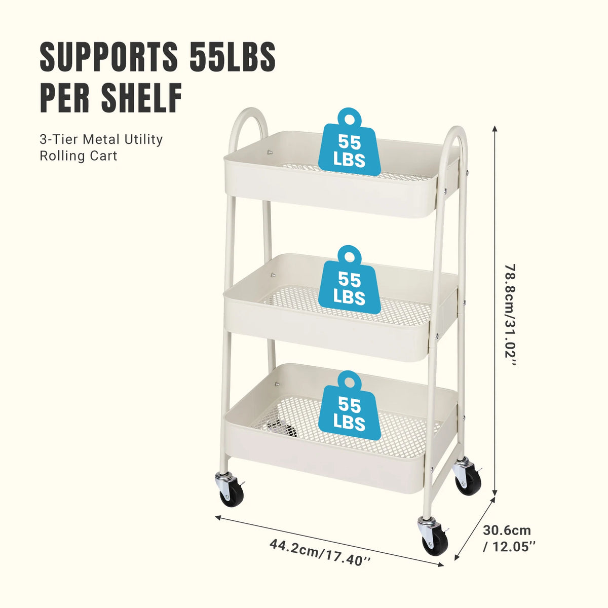 JHK 3 Tier Metal Storage Cart With Lockable Wheels Mobile