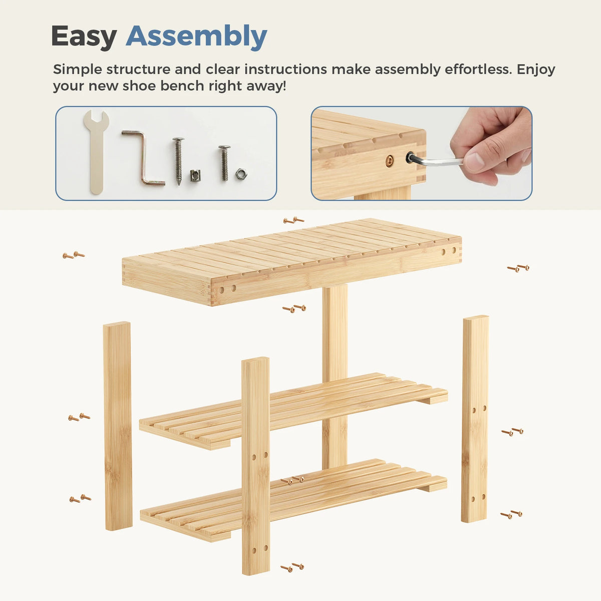 MCQ Three Tier Wood Shoe Rack With Storage Bench Entryway