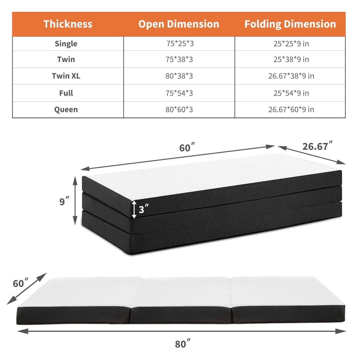 Jhk Tri-Fold Memory Foam Mattress With Washable Cover And Travel Design