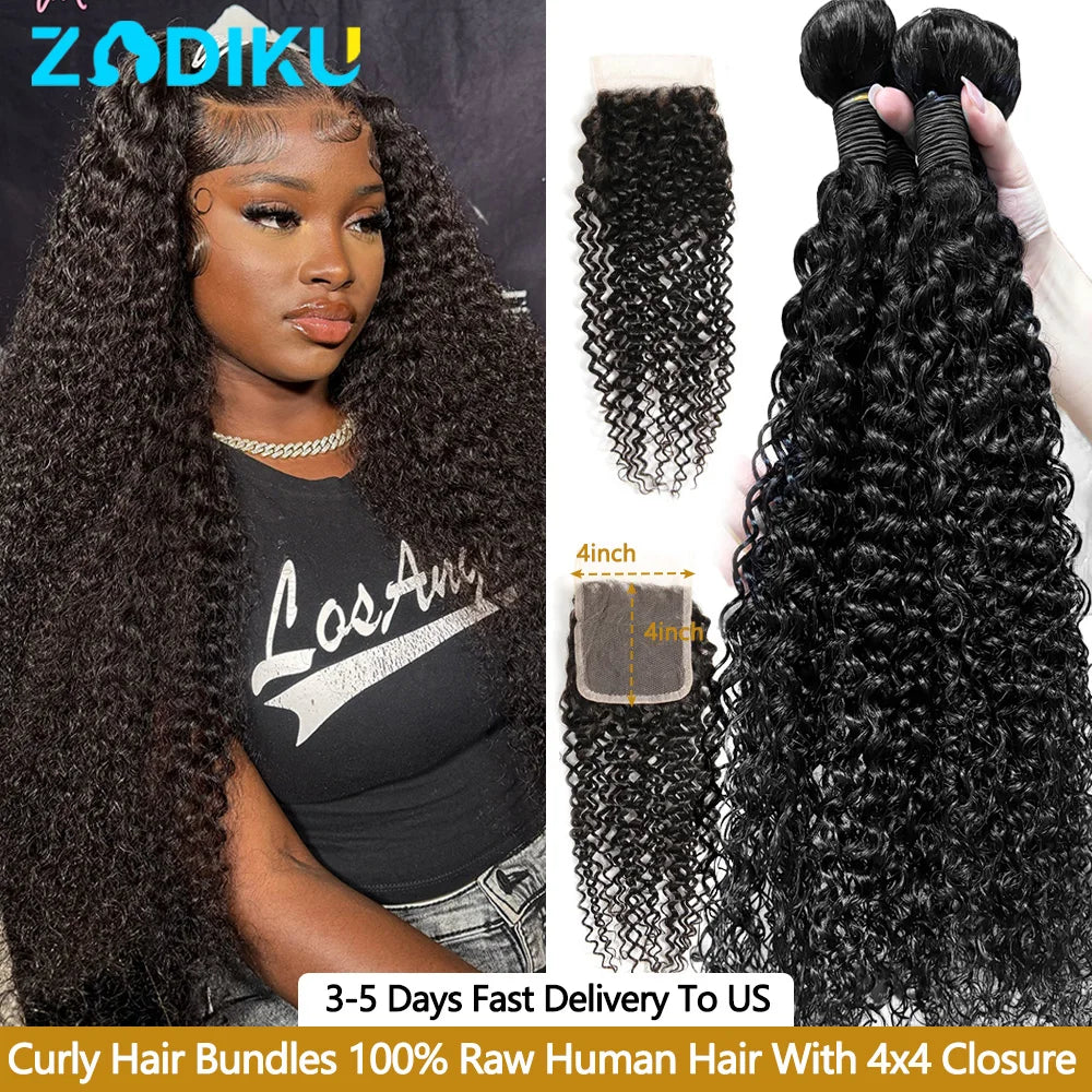 ZIDIKU Kinky Curly Human Hair Bundles With Closure