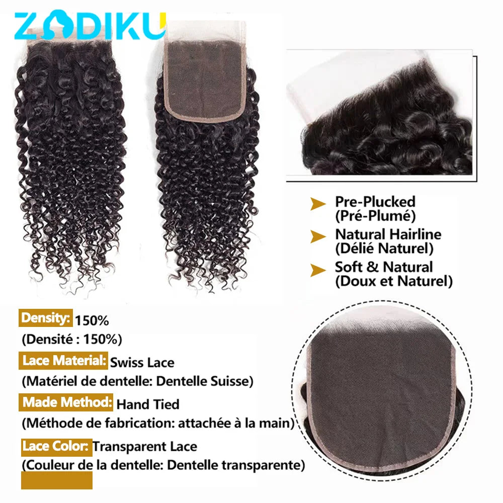 ZIDIKU Kinky Curly Human Hair Bundles With Closure