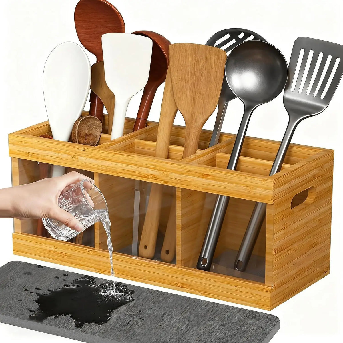 Garvee Bamboo Kitchen Utensil Organizer With Drying Mat