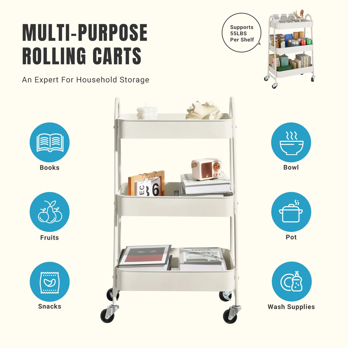 JHK 3 Tier Metal Rolling Storage Cart With Lockable Wheels