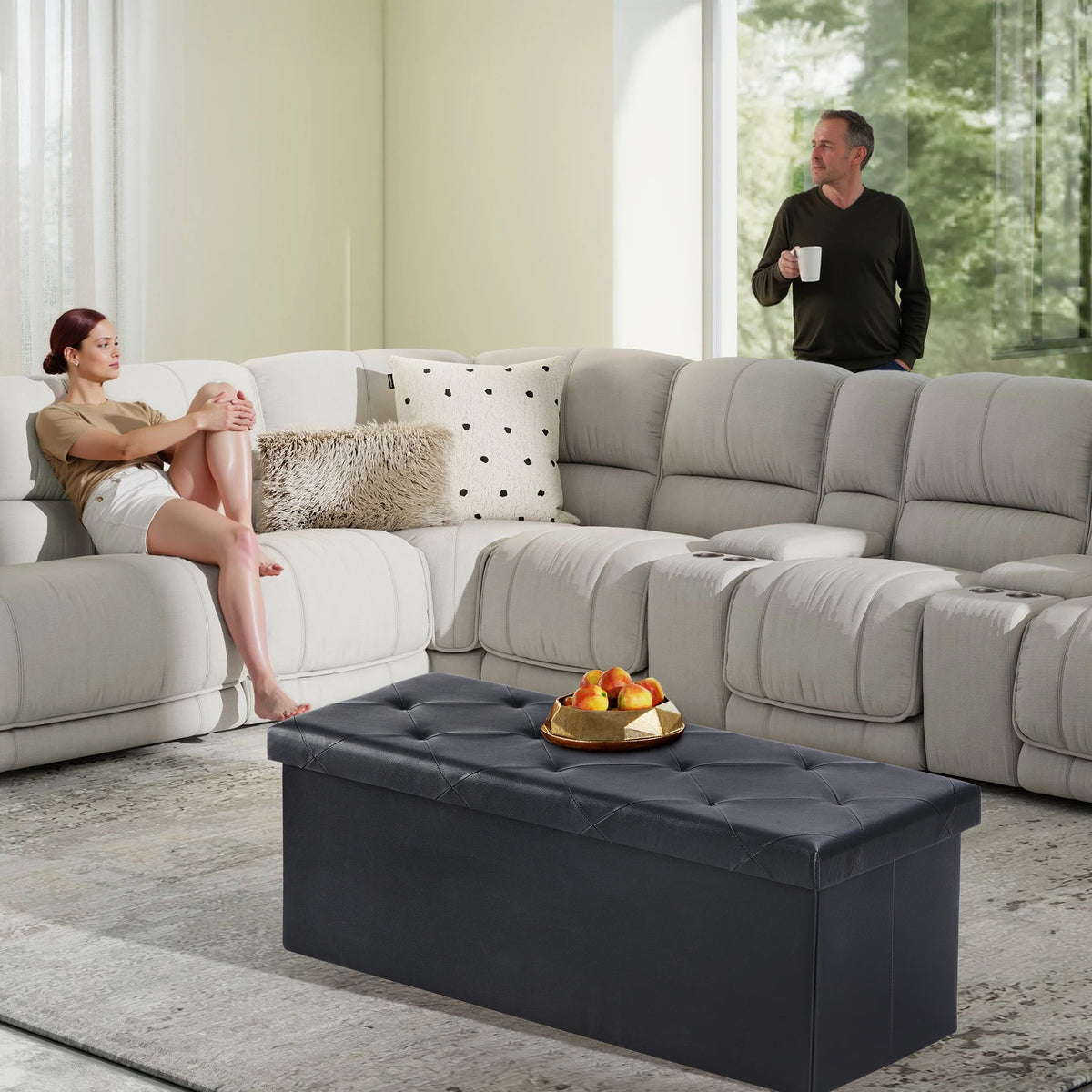 JHK Leather Folding Ottoman Footstool Storage Toy Box Bench
