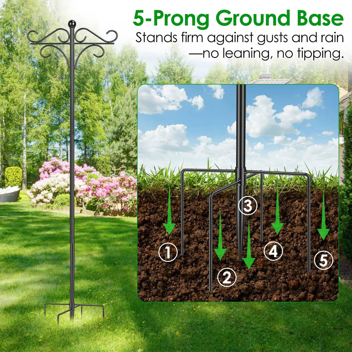 Adjustable Shepherd Hook With Five Prong Base For Garden Use