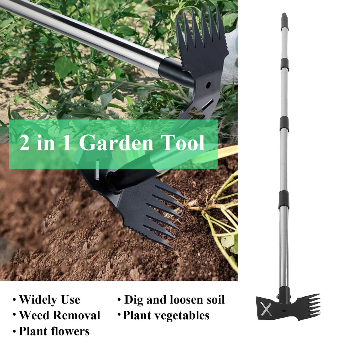 Manual 2 In 1 Long Handle Garden Weed Pulling Rake