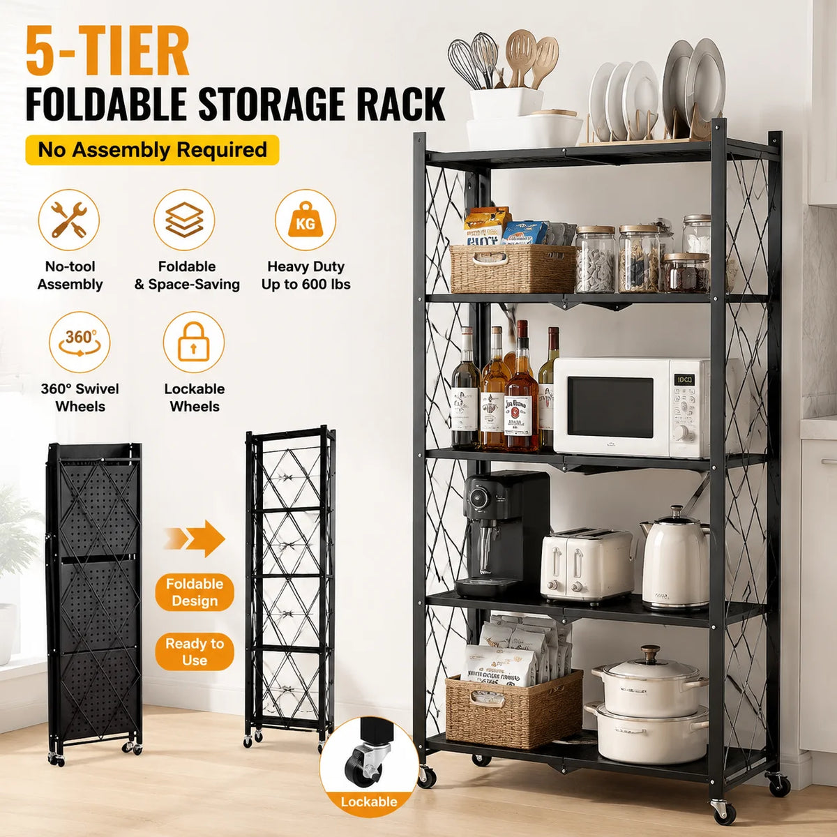 Heavy Duty 5 Tier Metal Storage Rack With Rolling Wheels