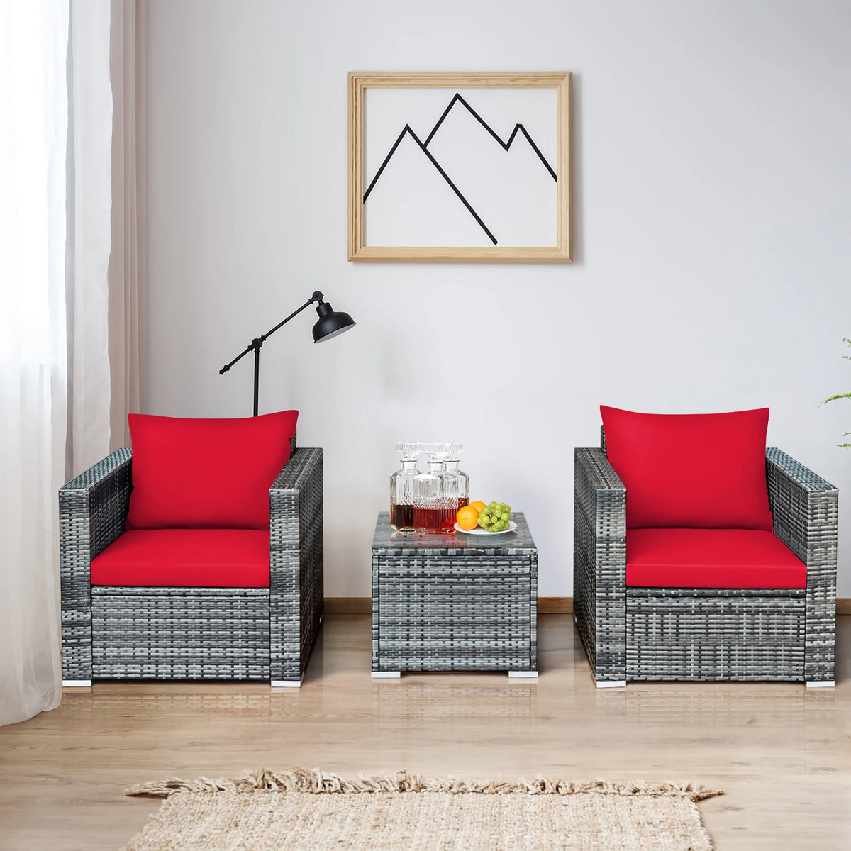 HOMASIS 3 Piece Patio Rattan Bistro Set With Cushioned Sofa Chairs Table
