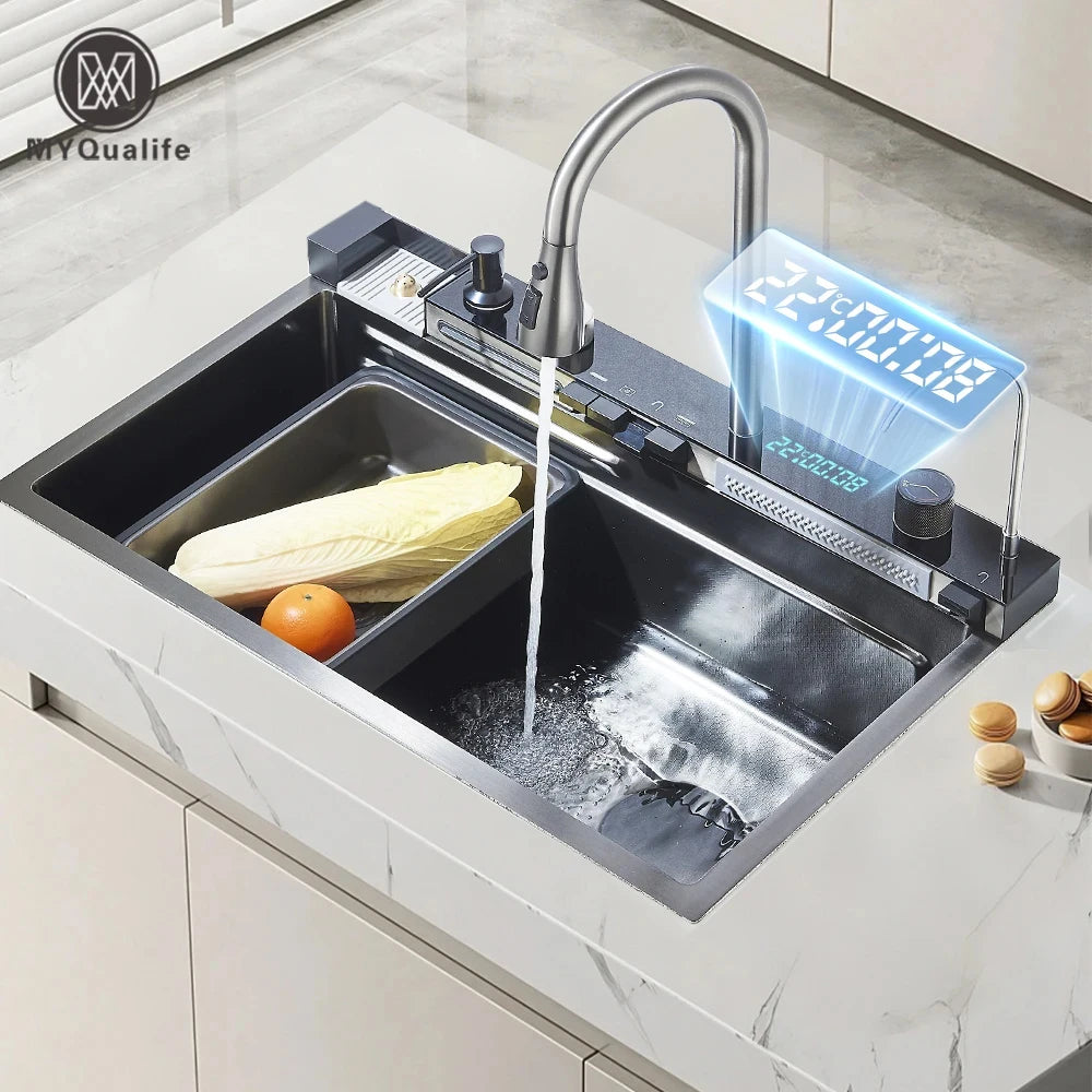Stainless Steel Waterfall Kitchen Sink With Digital Faucet Set