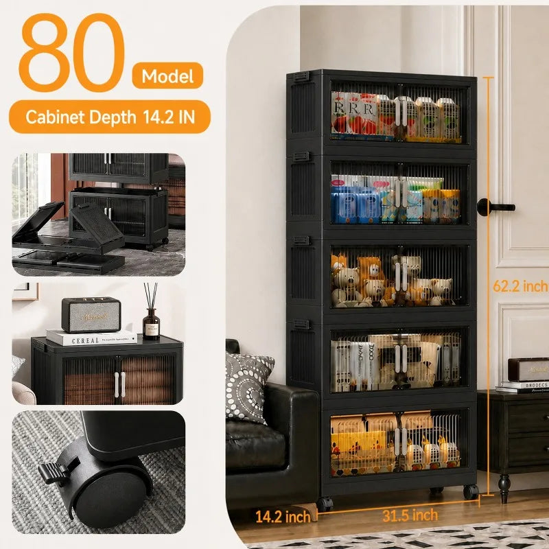 Foldable Plastic Storage Cabinet with Wheels and Double Doors