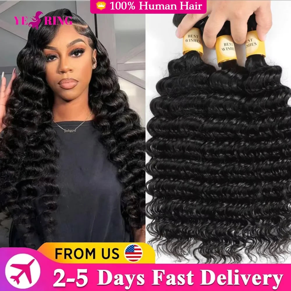 YEORING Deep Wave Brazilian Virgin Hair Bundles Remy