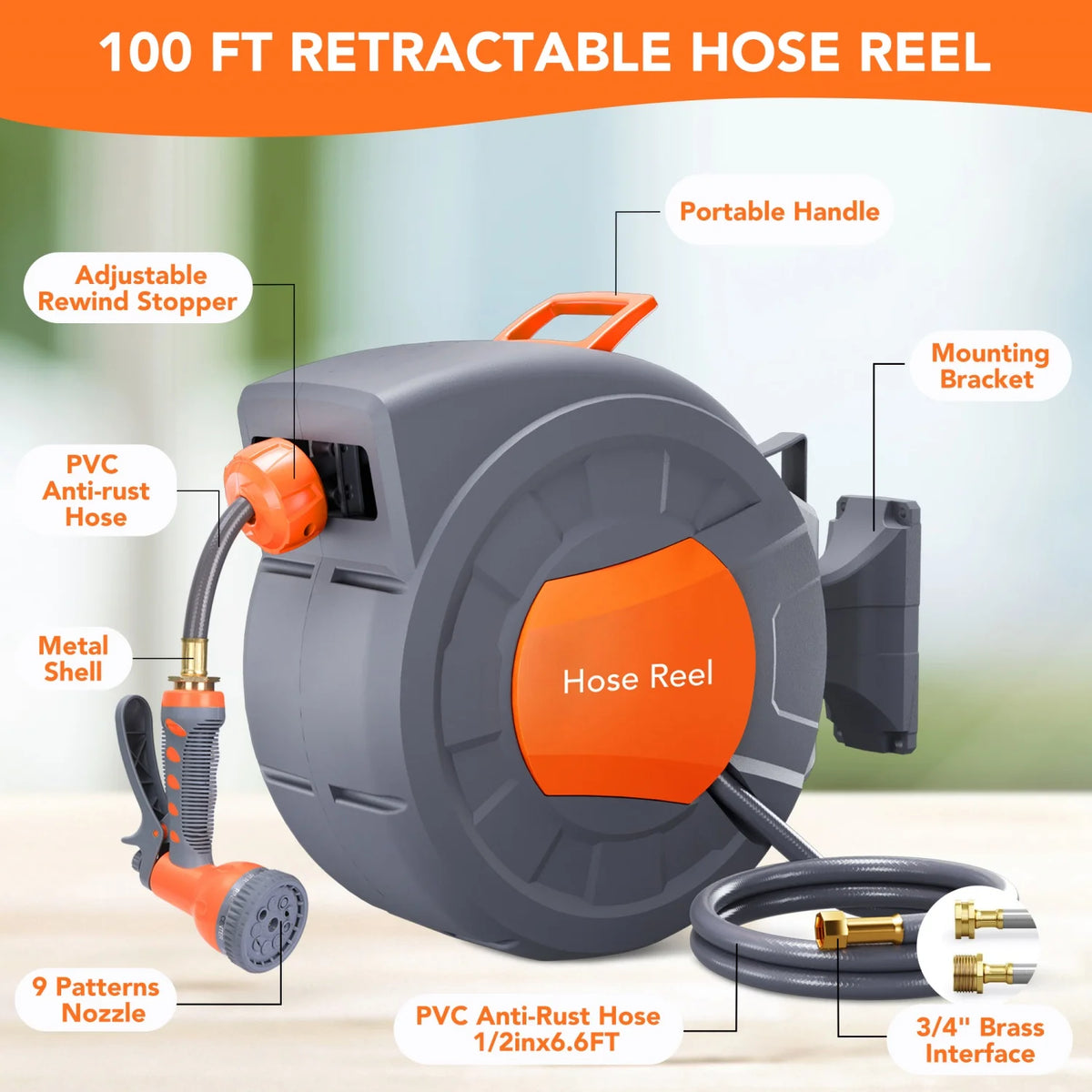HiMISS Retractable Garden Hose Reel With Automatic Rewind And Nozzle