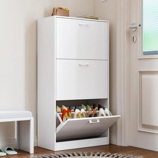 Slim Freestanding Shoe Cabinet With Flip Drawers For Narrow Spaces