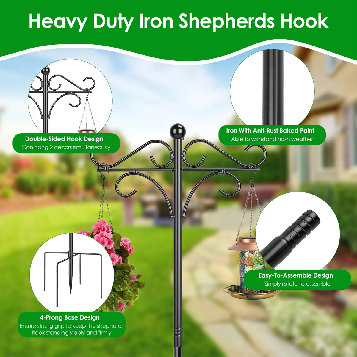 Adjustable Shepherd Hook With Five Prong Base For Garden Use