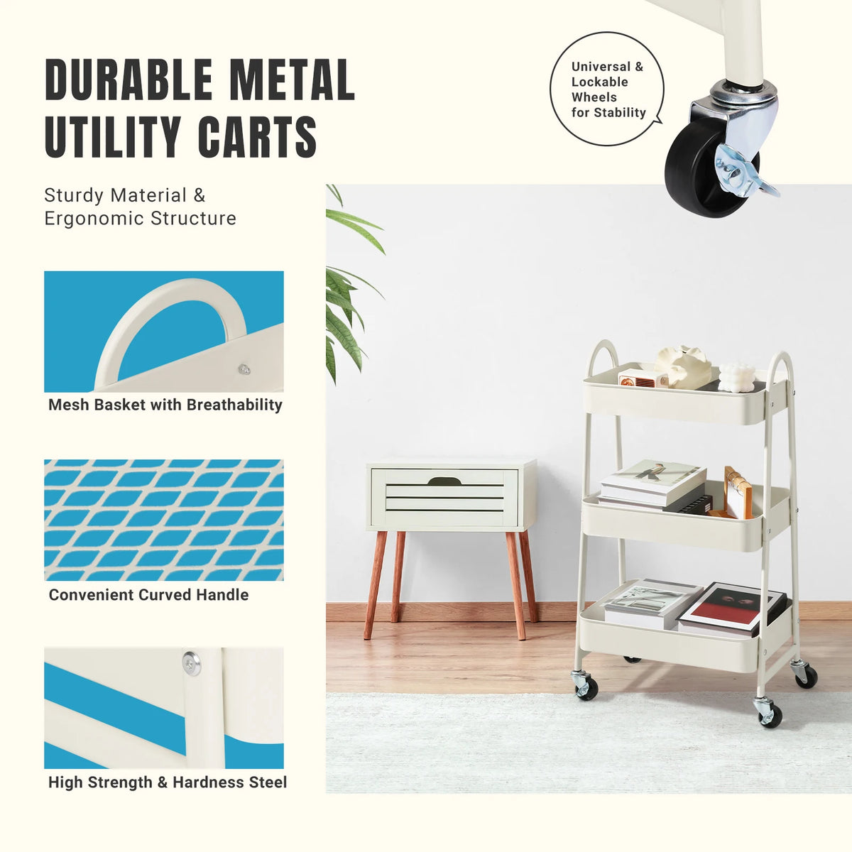JHK 3 Tier Metal Rolling Storage Cart With Lockable Wheels