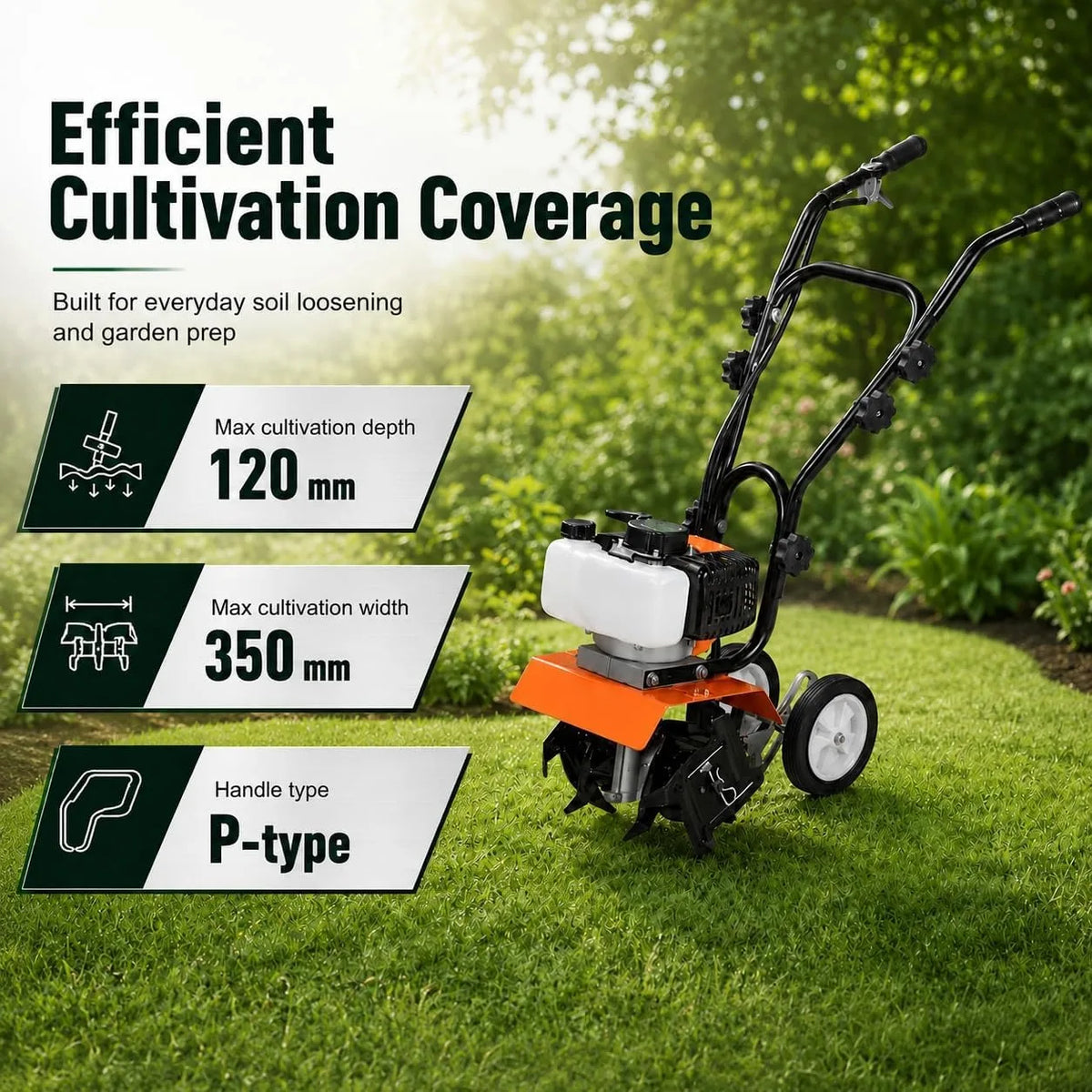 Gas Powered Tiller Cultivator With Adjustable Steel Tines