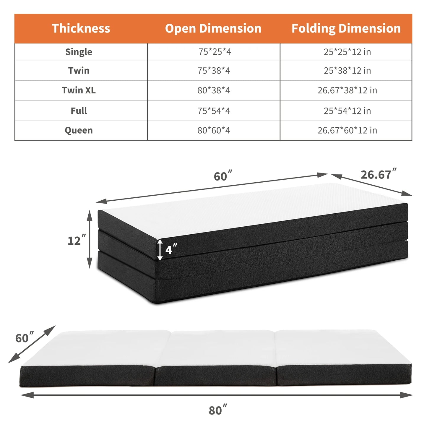 Jhk Tri-Fold Memory Foam Mattress With Washable Cover And Travel Design