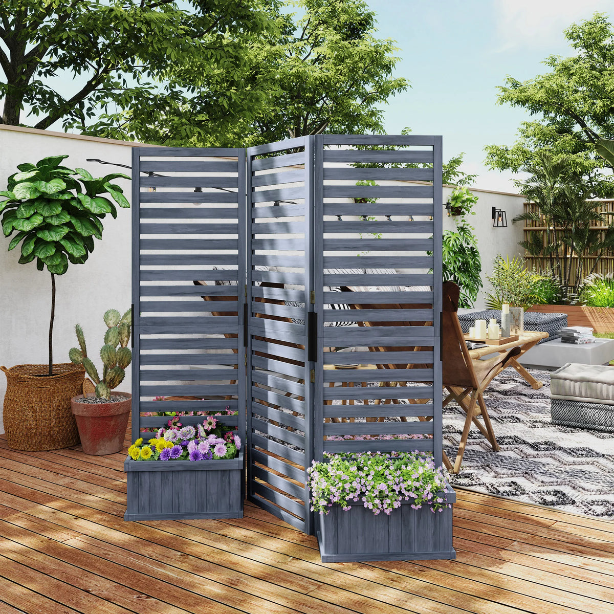 Outsunny Wooden Privacy Screen With Four Planter Boxes