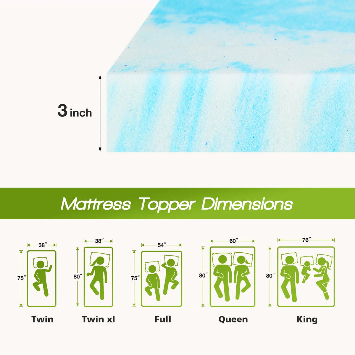 JHK Gel Memory Foam Mattress Topper For Enhanced Sleep Comfort