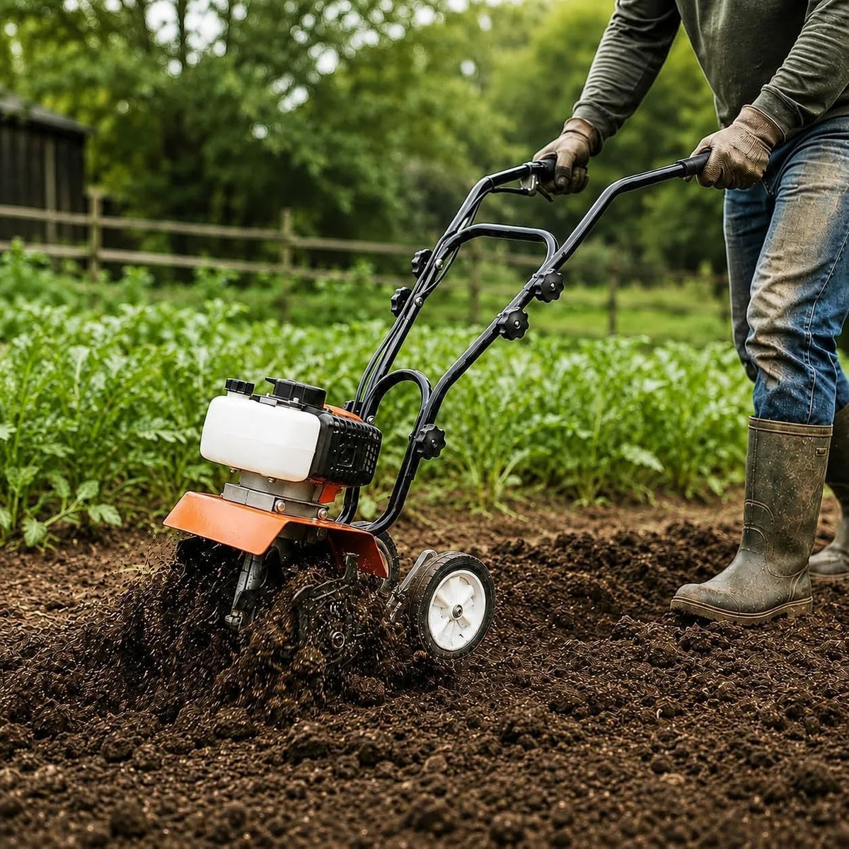 Gas Powered Tiller Cultivator With Adjustable Steel Tines